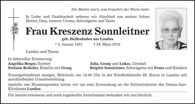 Traueranzeige Kreszenz Sonnleitner