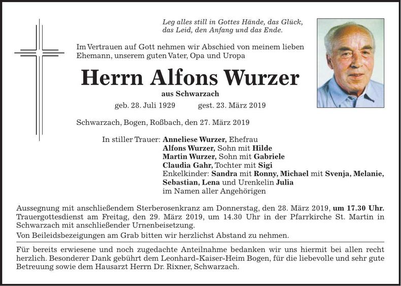 Traueranzeige Alfons Wurzer