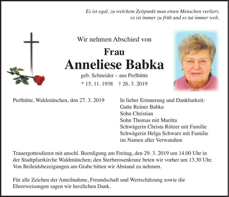 Traueranzeige Anneliese Babka
