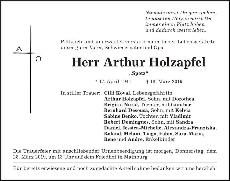Traueranzeige Arthur Holzapfel