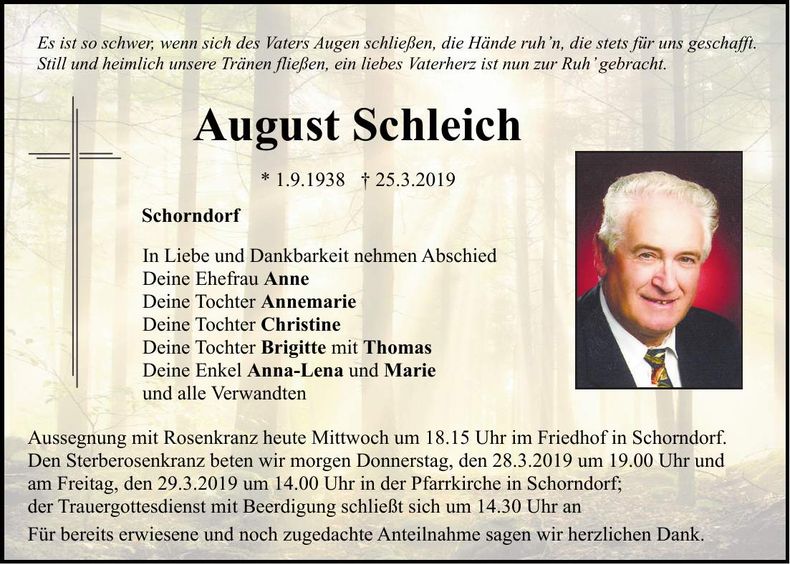 Traueranzeige August Schleich