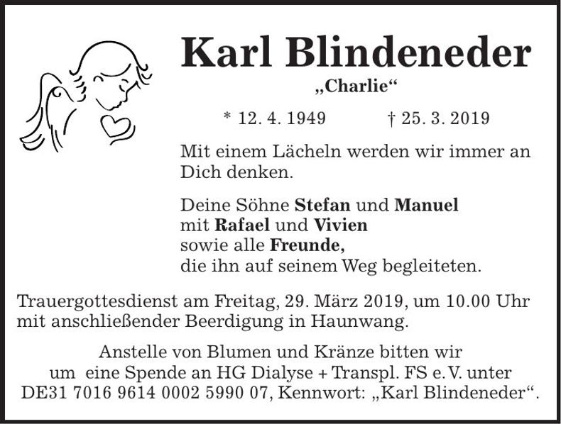 Traueranzeige Karl Blindeneder