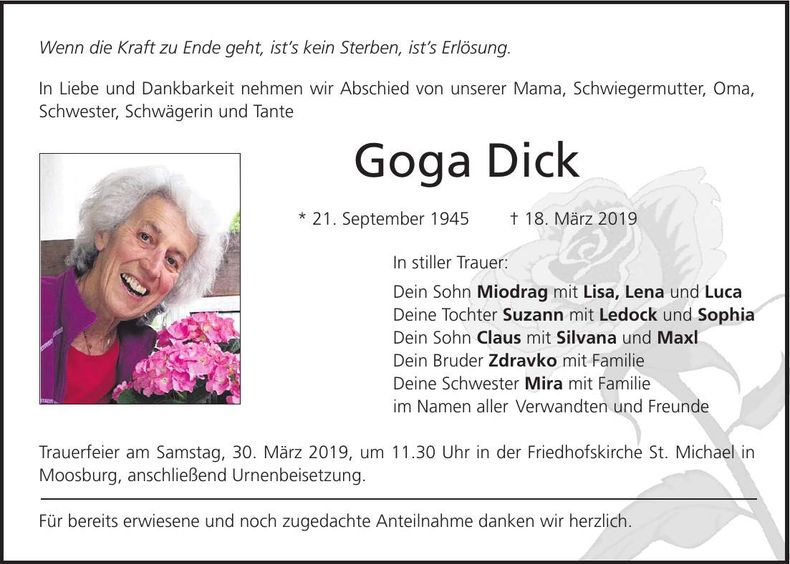 Traueranzeige Goga Dick