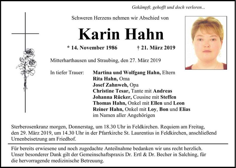 Traueranzeige Karin Hahn