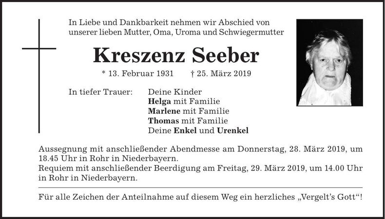 Traueranzeige Kreszenz Seeber