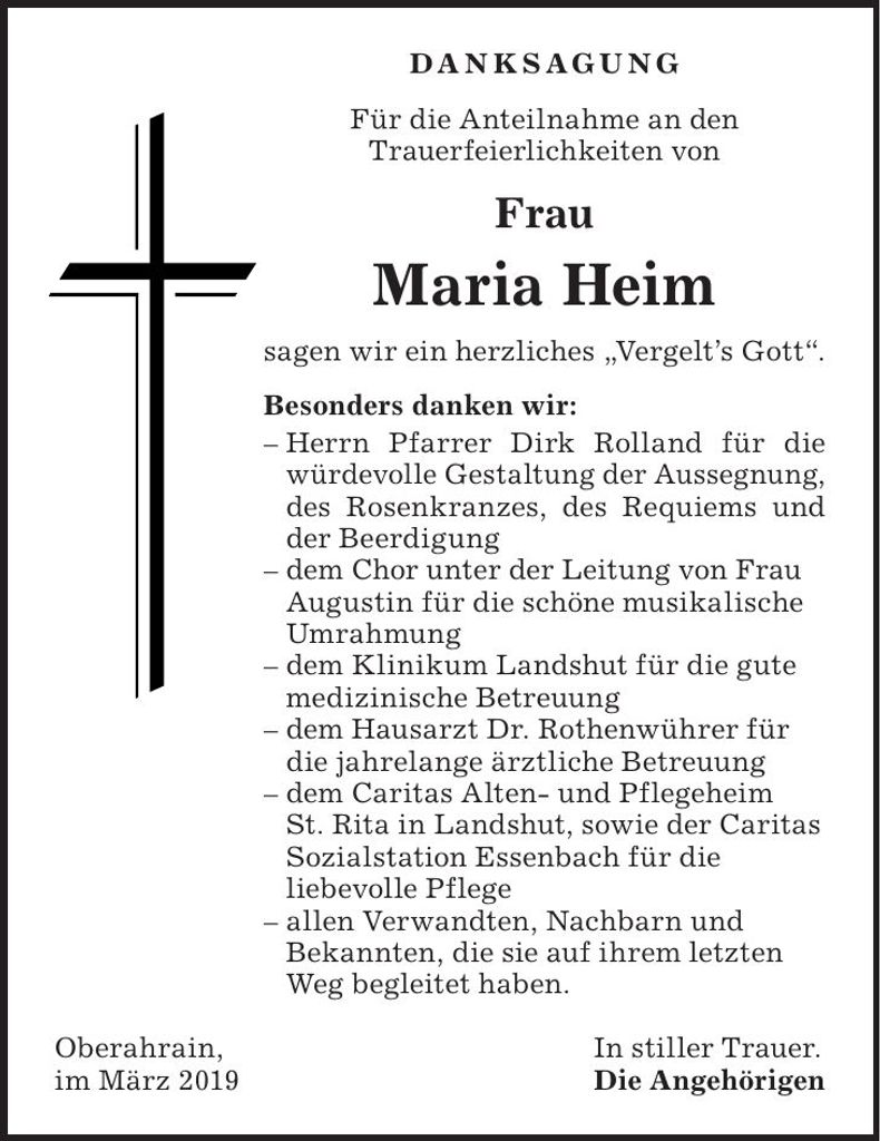 Traueranzeige Maria Heim