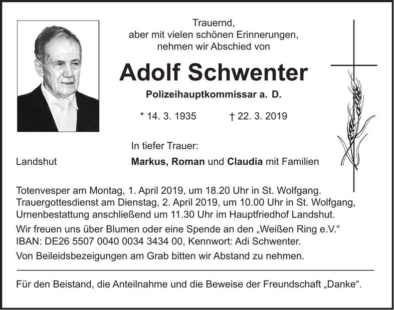 Traueranzeige Adi Schwenter