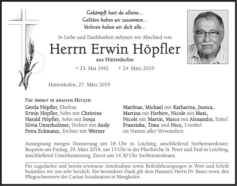 Traueranzeige Erwin Höpfler