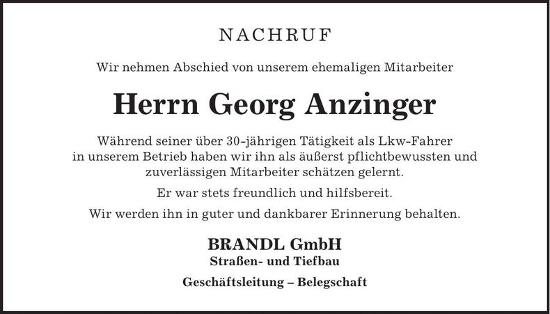 Traueranzeige Georg Anzinger