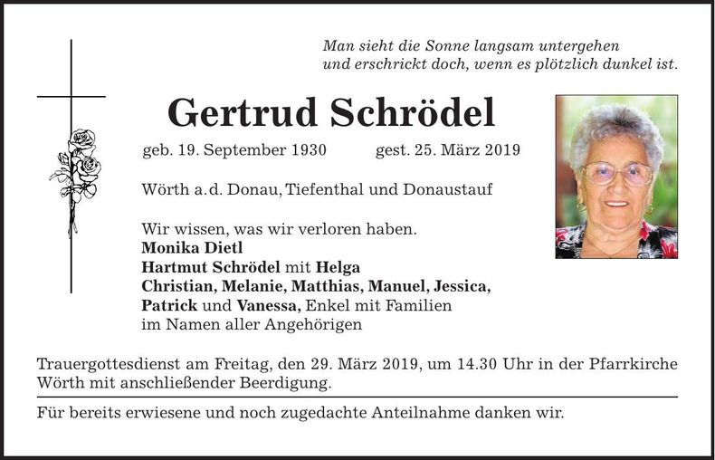 Traueranzeige Gertrud Schrödel