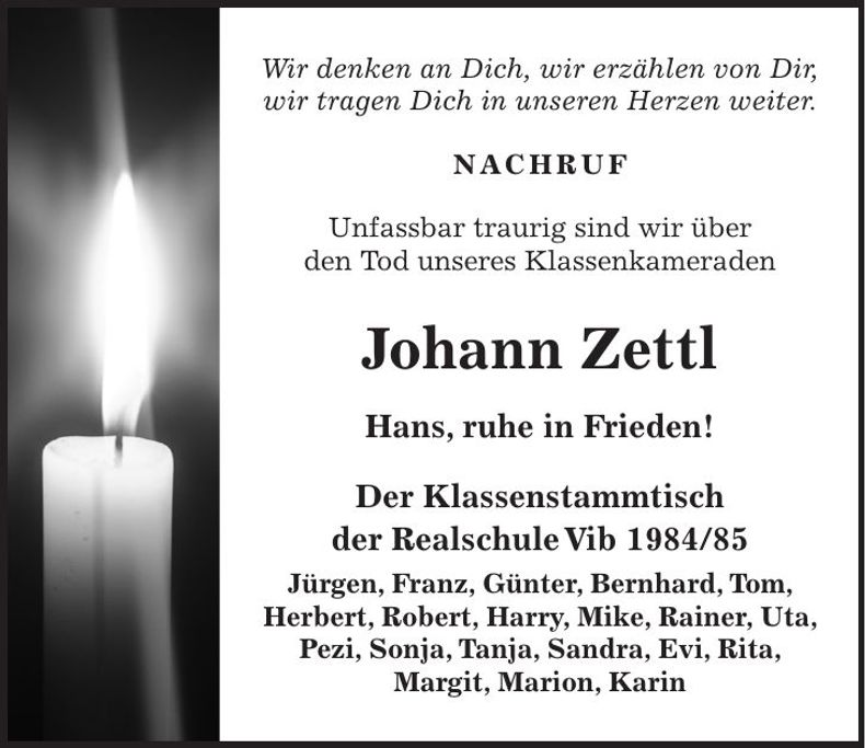Traueranzeige Johann Zettl