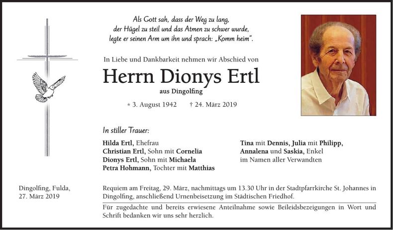 Traueranzeige Dionys Ertl