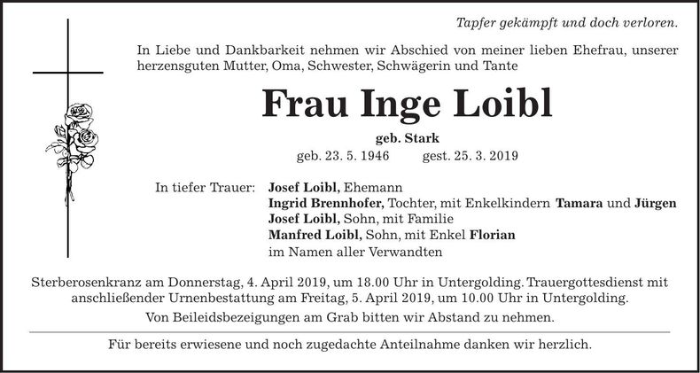 Traueranzeige Inge Loibl
