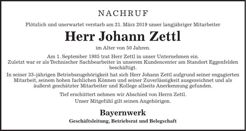 Traueranzeige Johann Zettl