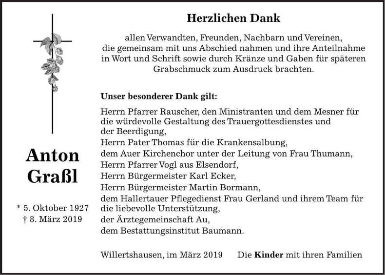 Traueranzeige Anton Graßl