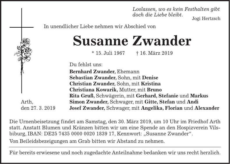 Traueranzeige Susanne Zwander