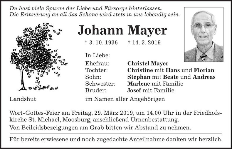 Traueranzeige Johann Mayer