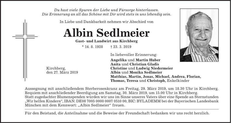 Traueranzeige Albin Sedlmeier