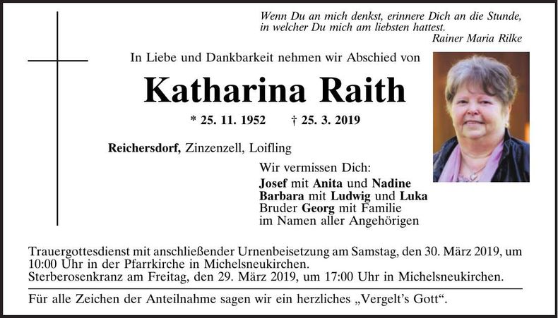 Traueranzeige Katharina Raith