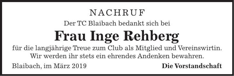 Traueranzeige Inge Rehberg