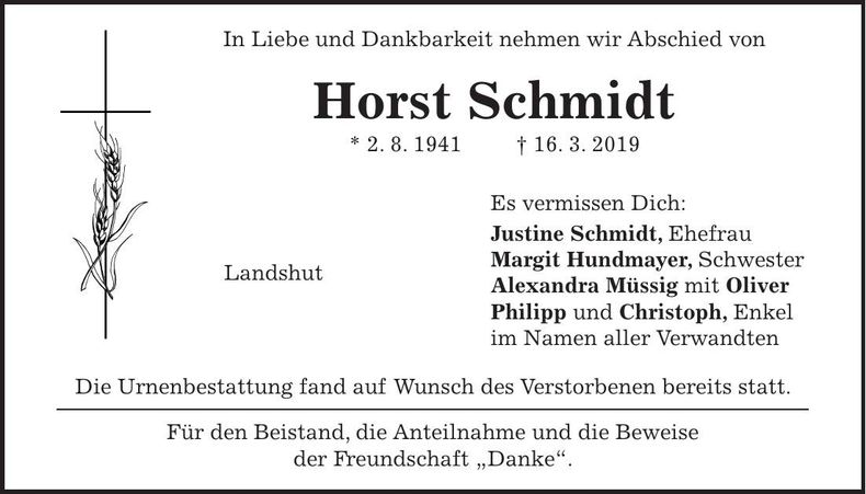 Traueranzeige Horst Schmidt