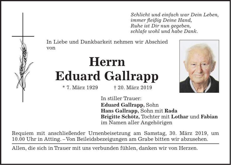 Traueranzeige Eduard Gallrapp