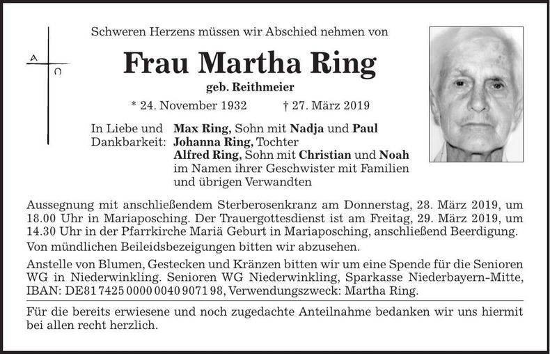 Traueranzeige Martha Ring