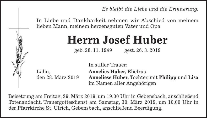 Traueranzeige Josef Huber