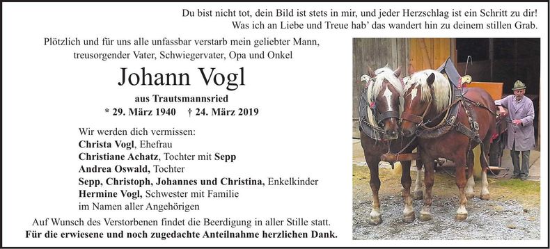 Traueranzeige Vogl Johann