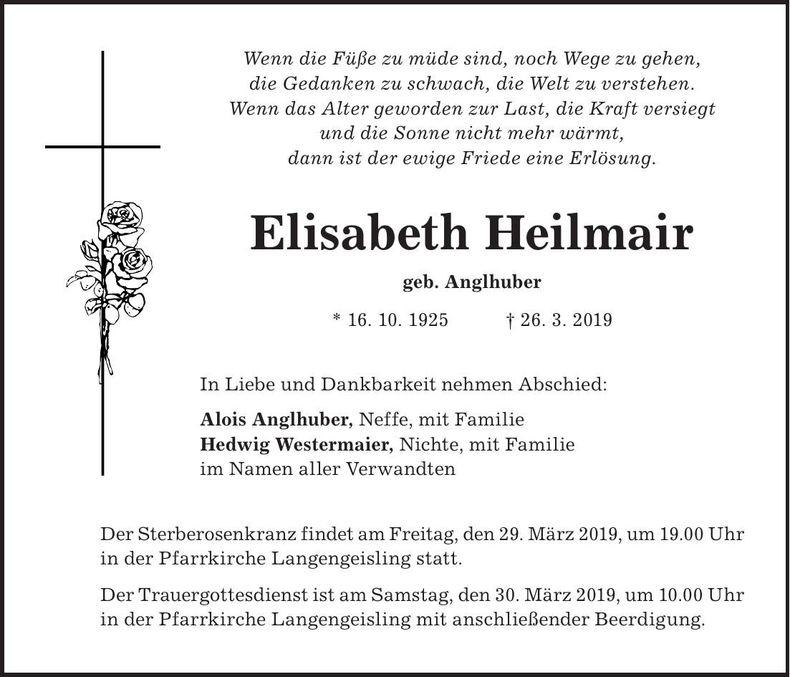 Traueranzeige Elisabeth Heilmair