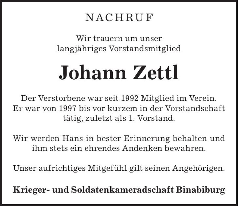 Traueranzeige Johann Zettl