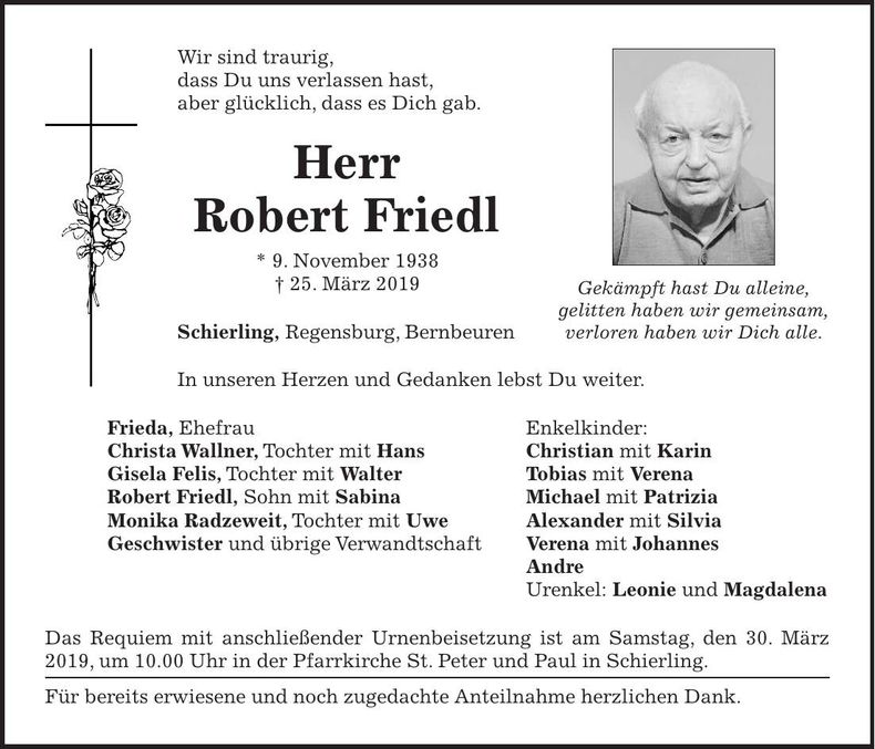 Traueranzeige Robert Friedl