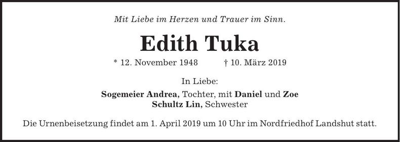 Traueranzeige Edith Tuka