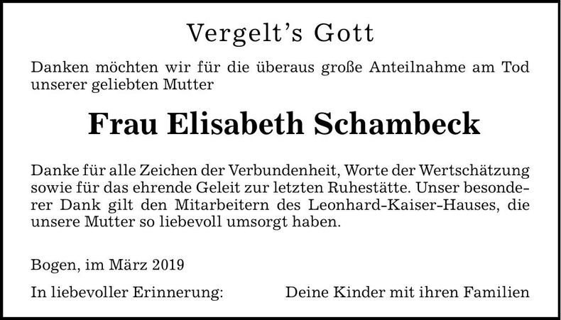 Traueranzeige Elisabeth Schambeck