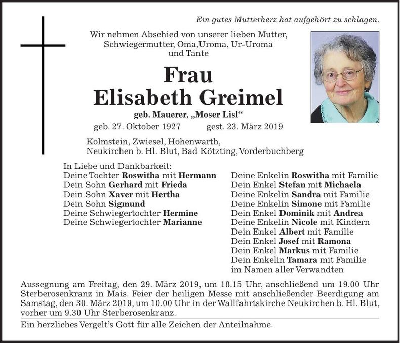 Traueranzeige Elisabeth Greimel