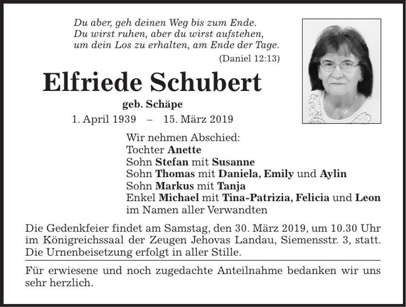 Traueranzeige Elfriede Schubert