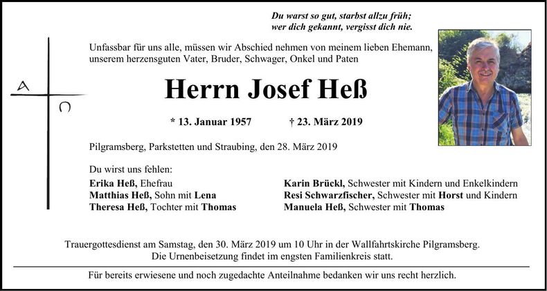Traueranzeige Josef Heß