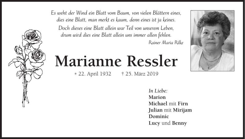 Traueranzeige Marianne Ressler