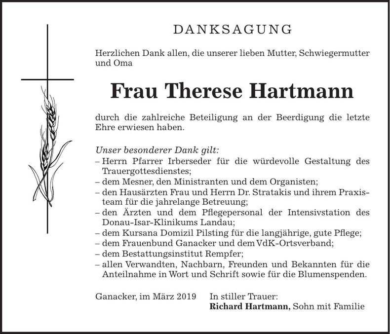 Traueranzeige Therese Hartmann