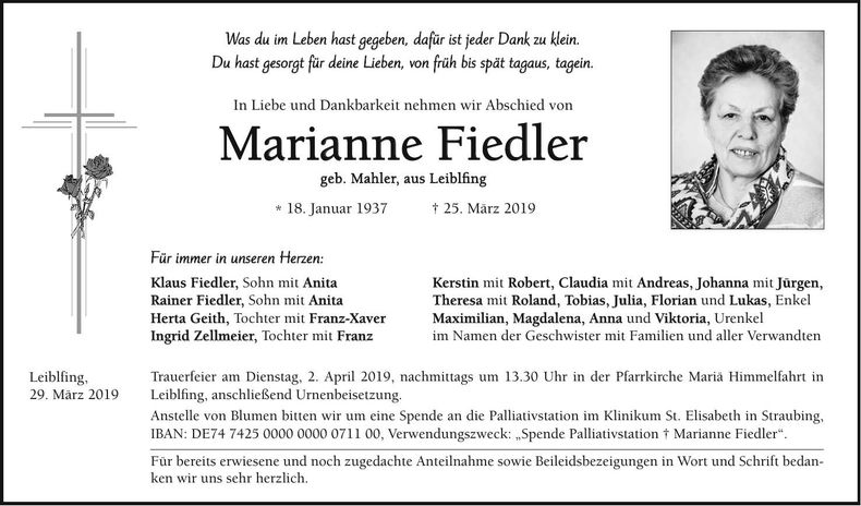 Traueranzeige Marianne Fiedler