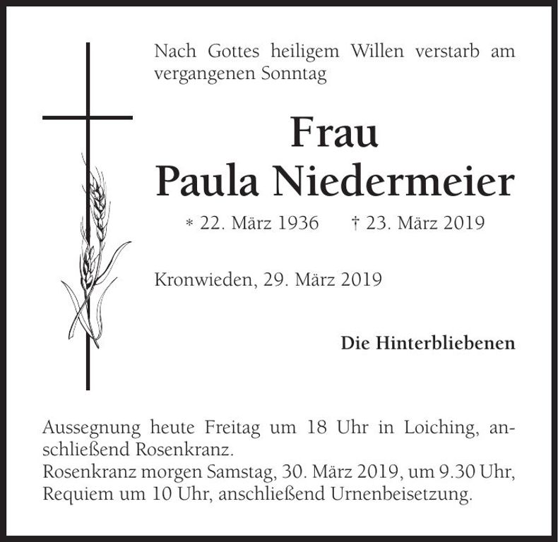 Traueranzeige Paula Niedermeier