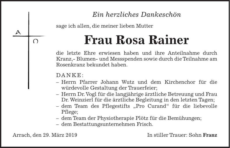 Traueranzeige Rosa Rainer