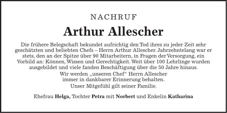 Traueranzeige Arthur Allescher