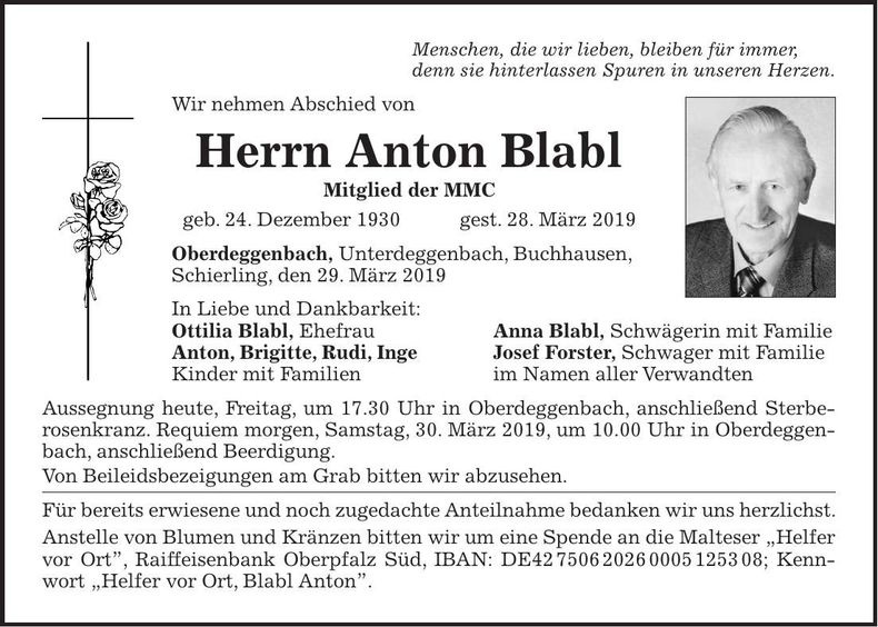 Traueranzeige Anton Blabl