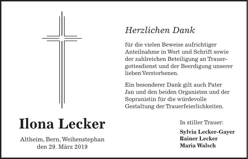Traueranzeige Ilona Lecker