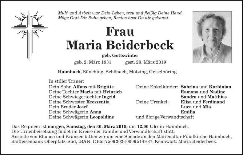 Traueranzeige Maria Beiderbeck
