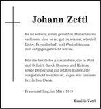Traueranzeige Johann Zettl