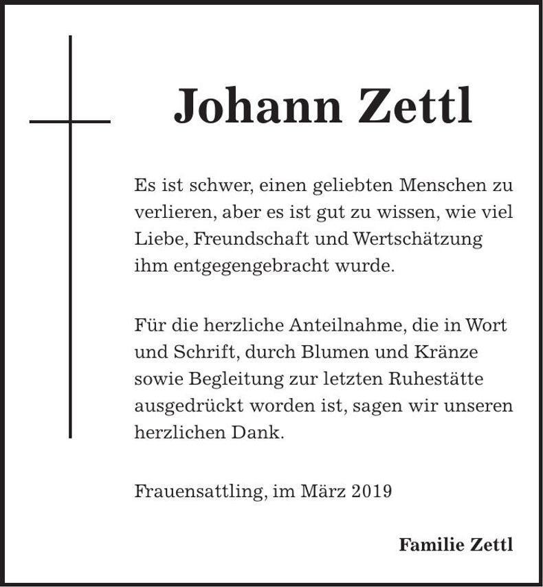 Traueranzeige Johann Zettl