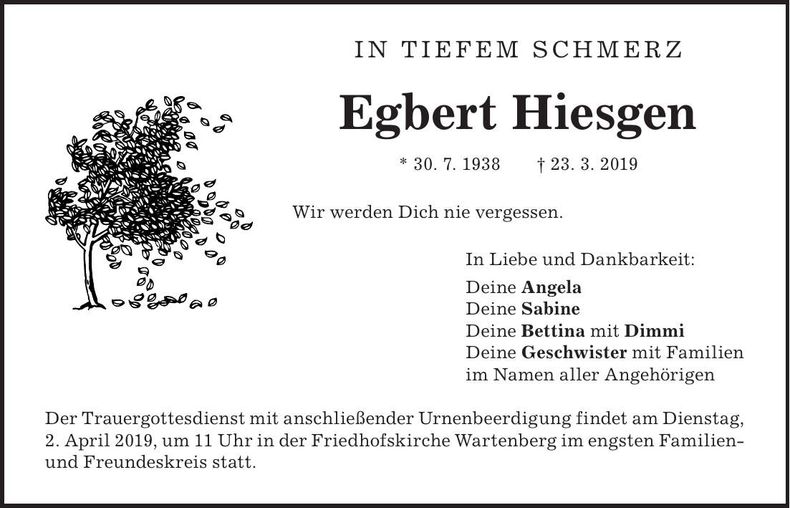 Traueranzeige Egbert Hiesgen