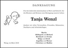 Traueranzeige Tanja Wenzl